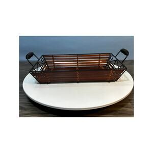 Metal & Wicker Rectangle Basket Tray With Handles Rustic Decor 16”x8.5”